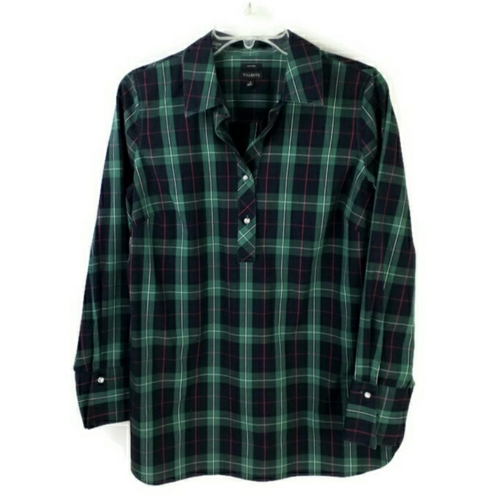 Talbots Blue Green Tartan Plaid Long Sleeve Popover Tunic Blouse Womens 6 - Picture 2 of 13